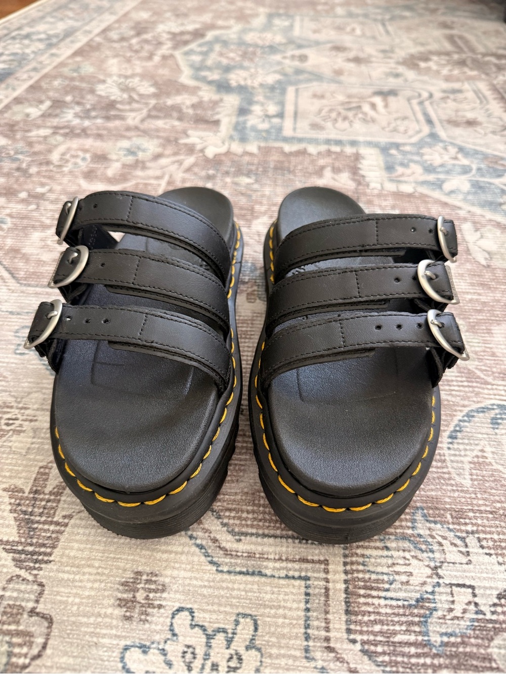 Dr. Martens Black Triple-Strap Sandals with Yellow Stitching size 7
